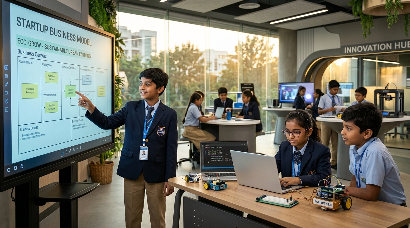 Young TVM Business School students pitching a startup model and coding robotics